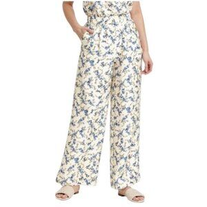 A New Day Womens Cream & Blue Floral Wide-Leg Pants M Lightweight Pull-On Design